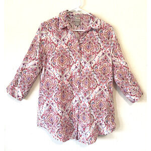 Chico's Linen Shirt Size Medium Paisley Button Down No Iron Roll Tab Sleeve Top